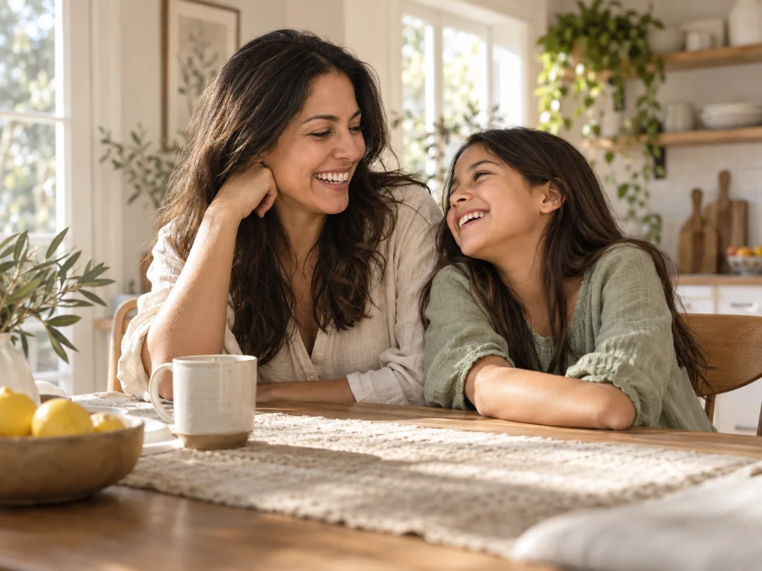 Una madre y su hija comparten una sonrisa en casa